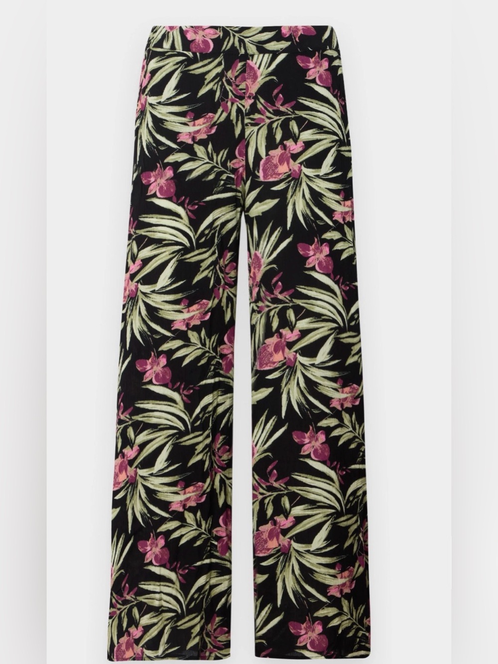 Roxy Black Wide-Leg Pants with Pink Floral & Green Leaves